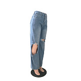 Loose High Waist Straight Hole Jeans Denim Pants LX-5508