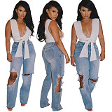 Loose High Waist Straight Hole Jeans Denim Pants LX-5508