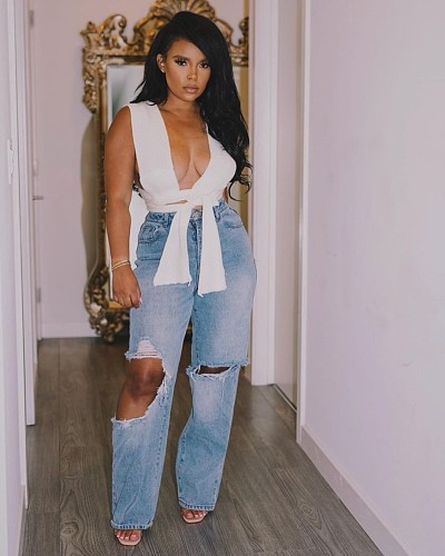 Loose High Waist Straight Hole Jeans Denim Pants LX-5508