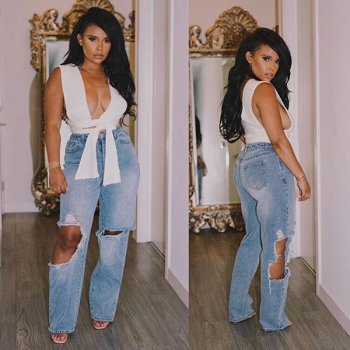 Loose High Waist Straight Hole Jeans Denim Pants LX-5508