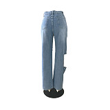 Loose High Waist Straight Hole Jeans Denim Pants LX-5508