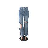 Loose High Waist Straight Hole Jeans Denim Pants LX-5508