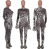 Leopard Print Side Hollow Out Bodycon Flared Jumpsuit ZAND-31160