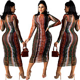 Tie Dye Print See Through Long Sleeve Pleated Dress ZAND-31159