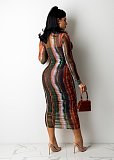 Tie Dye Print See Through Long Sleeve Pleated Dress ZAND-31159