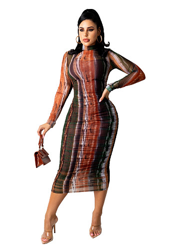 Tie Dye Print See Through Long Sleeve Pleated Dress ZAND-31159