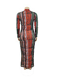 Tie Dye Print See Through Long Sleeve Pleated Dress ZAND-31159