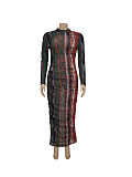 Tie Dye Print See Through Long Sleeve Pleated Dress ZAND-31159
