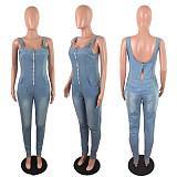 Zipper Front Sleeveless One Piece Denim Jumpsuit OSM-3104