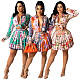 Print Long Sleeve Button Down Shirt Pleated Skirt Set YF-9947