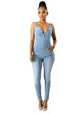 Zipper Front Sleeveless One Piece Denim Jumpsuit OSM-3104