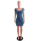 Square Collar Buttons Pockets Tassel Denim Dress LX-6913