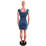 Square Collar Buttons Pockets Tassel Denim Dress LX-6913