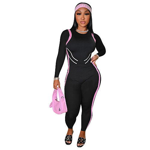 Fitness Striped Print O Neck Long Sleeve Jumpsuit OY-6306
