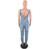 Zipper Front Sleeveless One Piece Denim Jumpsuit OSM-3104