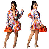 Print Long Sleeve Button Down Shirt Pleated Skirt Set YF-9947