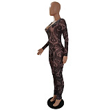 See Through Mesh Printed Long Sleeve Bodycon Jumpsuits DY-6676