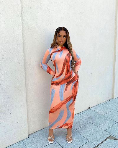 Print Long Sleeve Turtleneck Skinny Maxi Dress WSM-5275