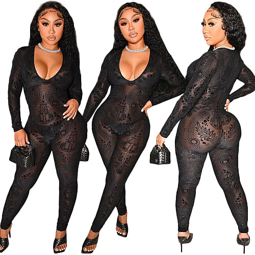 See Through Mesh Printed Long Sleeve Bodycon Jumpsuits DY-6676