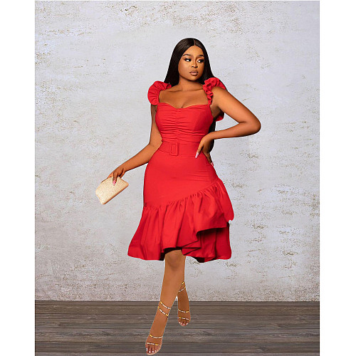 Solid Color Sleeveless Sweet Square Collar Ruffle Dress DY-6949