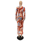 Print Long Sleeve Turtleneck Skinny Maxi Dress WSM-5275