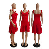 Solid Color Sleeveless Sweet Square Collar Ruffle Dress DY-6949
