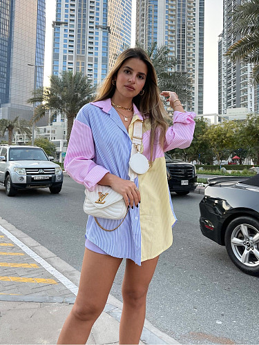 Color Block Long Sleeve Turn Down Collar Shirt OYW-20531
