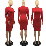 Cotton Long Sleeve O Neck Skinny Midi Dress FOS-8098