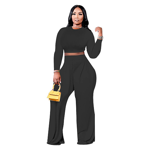 Solid Long Sleeve Crop Top Wide Leg Pants Set FOS-8097
