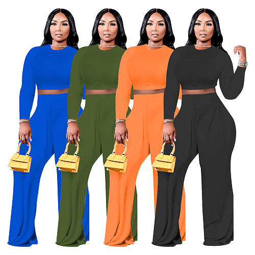 Solid Long Sleeve Crop Top Wide Leg Pants Set FOS-8097