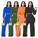Solid Long Sleeve Crop Top Wide Leg Pants Set FOS-8097
