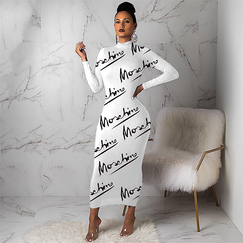 O Neck Long Sleeve Print Letter Bodycon Dress BNY-7214