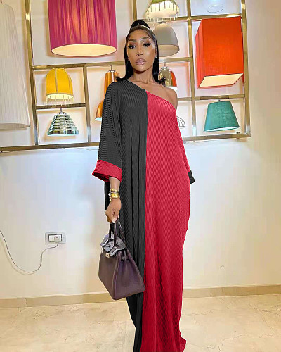 Colorblock Patchwork Skew Neck Loose Maxi Dress NIYA-8081