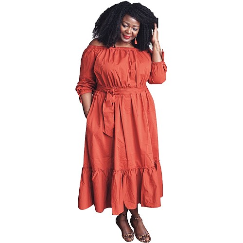 Off Shoulder Long Sleeve Lace Up Belted Ruffle Dresses LSL-6468