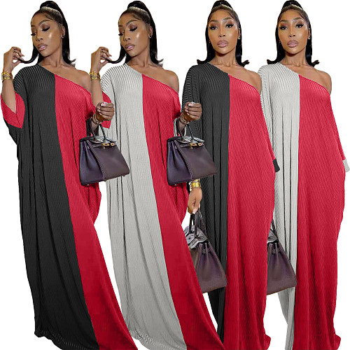 Colorblock Patchwork Skew Neck Loose Maxi Dress NIYA-8081