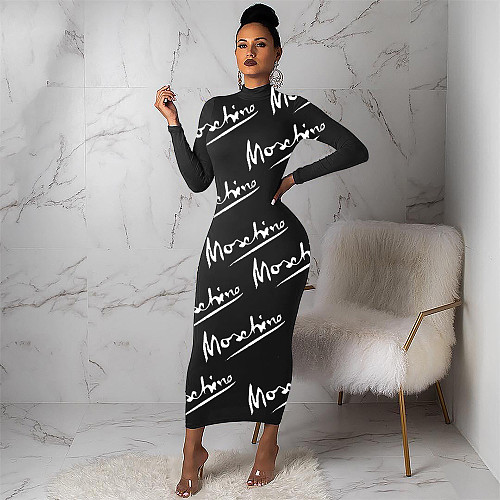 O Neck Long Sleeve Print Letter Bodycon Dress BNY-7214