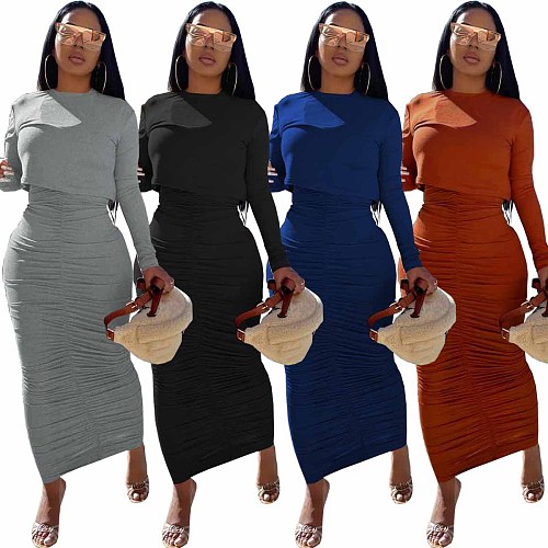 Solid O Neck Long Sleeve Crop Top Pleated Maxi Skirt Set WY-6850