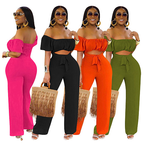 Solid Backless Off-Shouldered Straight Leg Jumpsuit YD-8214