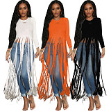 Fringe Tassel Solid Long Sleeve Long T Shirt Tops HMS-5252