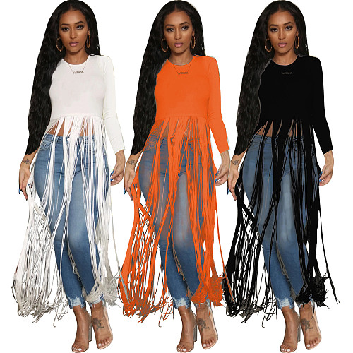 Fringe Tassel Solid Long Sleeve Long T Shirt Tops HMS-5252