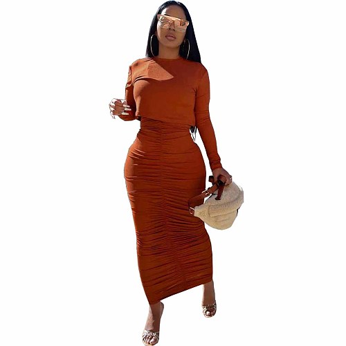 Solid O Neck Long Sleeve Crop Top Pleated Maxi Skirt Set WY-6850