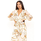 Digital Printing Long Sleeve V-Neck Chiffon Jumpsuits JLY-19236