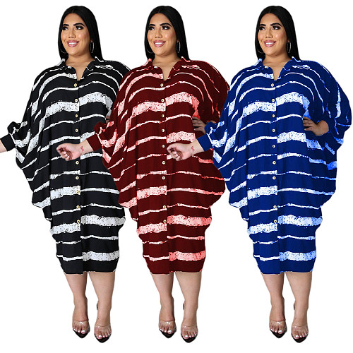 Plus Size Print Long Sleeve Loose Button Shirt Dress HANI-006