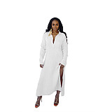 Long Sleeve Lapel Neck Solid Split Hem Shirt Dress HANI-052
