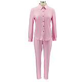 Solid Long Sleeves Button Shirt Skinny Pants Set HANI-051