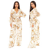 Digital Printing Long Sleeve V-Neck Chiffon Jumpsuits JLY-19236