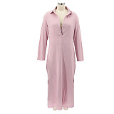 Long Sleeve Lapel Neck Solid Split Hem Shirt Dress HANI-052