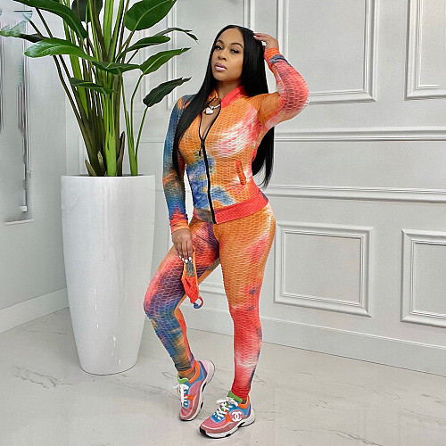 Tie Dye Zip Up Long Sleeve Jacket Slim Pants Set HANI-050