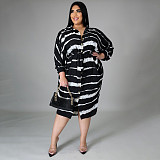 Plus Size Print Long Sleeve Loose Button Shirt Dress HANI-006