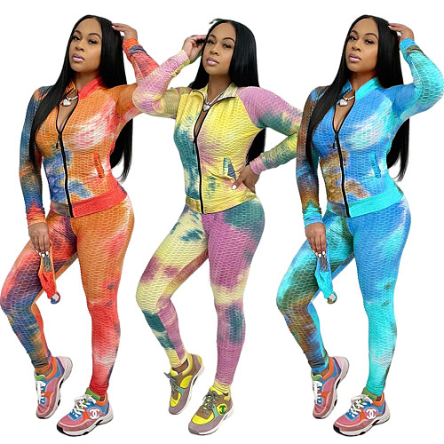 Tie Dye Zip Up Long Sleeve Jacket Slim Pants Set HANI-050